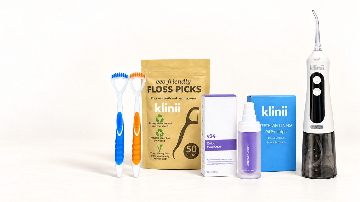 Klinii oral care product collection on a soft white background