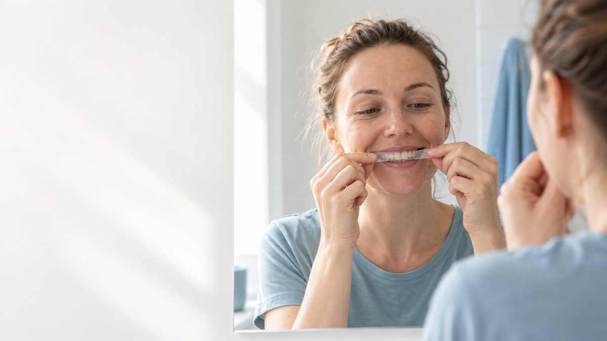 Woman applying Klinii PAP+ whitening strips at home