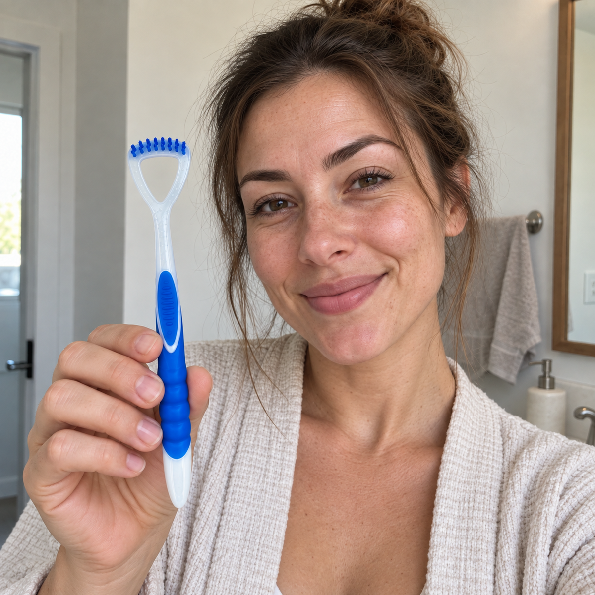 Woman naturally holding the blue Klinii 2-in-1 tongue cleaner
