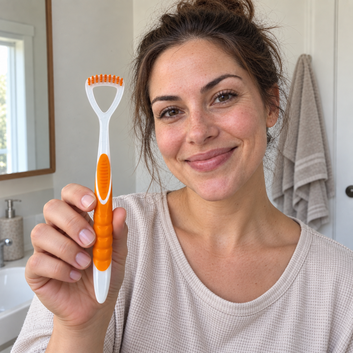 Woman naturally holding the orange Klinii 2-in-1 tongue cleaner