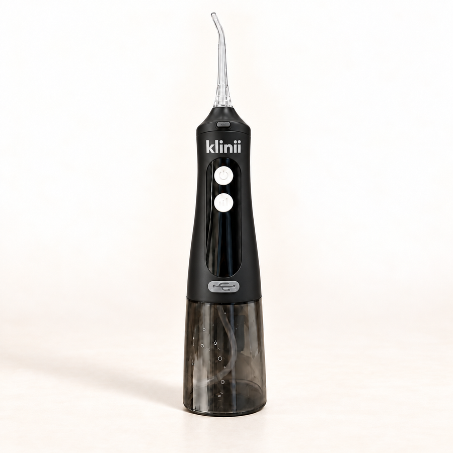 Klinii black Water Flosser on a soft white background